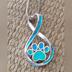 Blue Opal Paw Print Teardrop Pendant Necklace